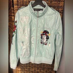Ed Hardy- Teal Bomber Jacket- Embroidered with beads, Custom‎ zipper pull, Large